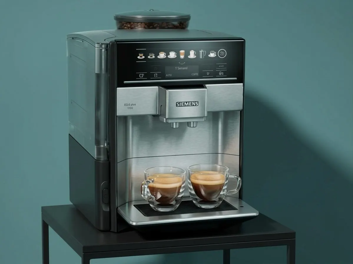 Kaffeevollautomat Siemens EQ6 mit zwei frisch gebrühten Kaffees